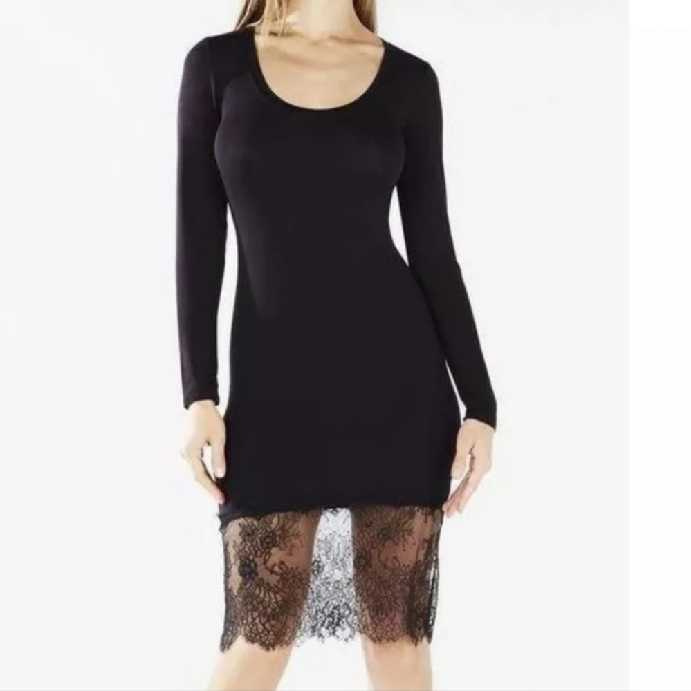 BCBGMAXAZRIA Livi Black Long Sleeve Fine Ribbed Wide Lace Hem Dress